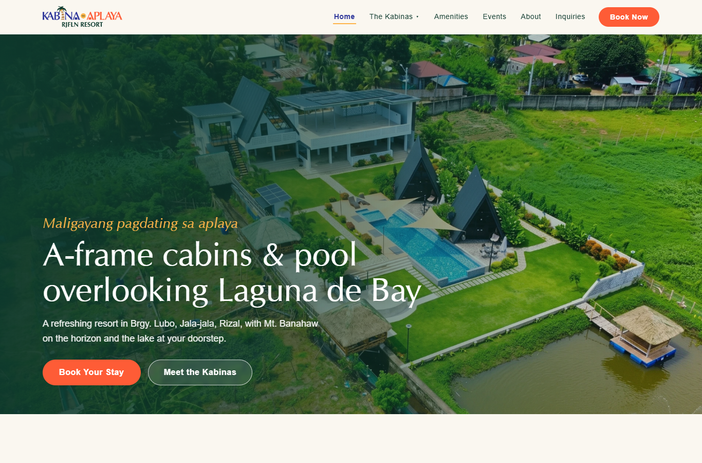 Kabina sa Aplaya’s official homepage, with a lakeside pool photograph and accommodation introduction